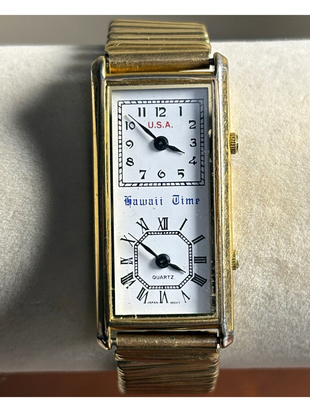 Rare Vintage Hawaii Time & U.S.A Dual Face Quartz Watch Gold Tone Expansion Band